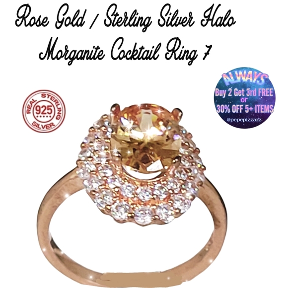 Sterling Silver Rose Gold Plated Halo Morganite Cocktail Ring 7 - Picture 10 of 10